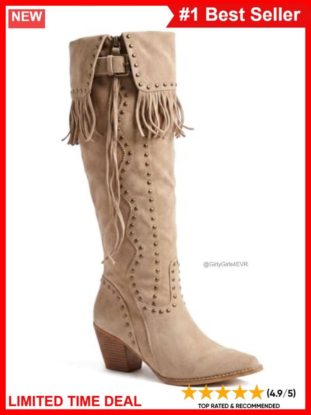 Faux Suede Fringe Knee-High Cowboy Boots Studded Block Heel